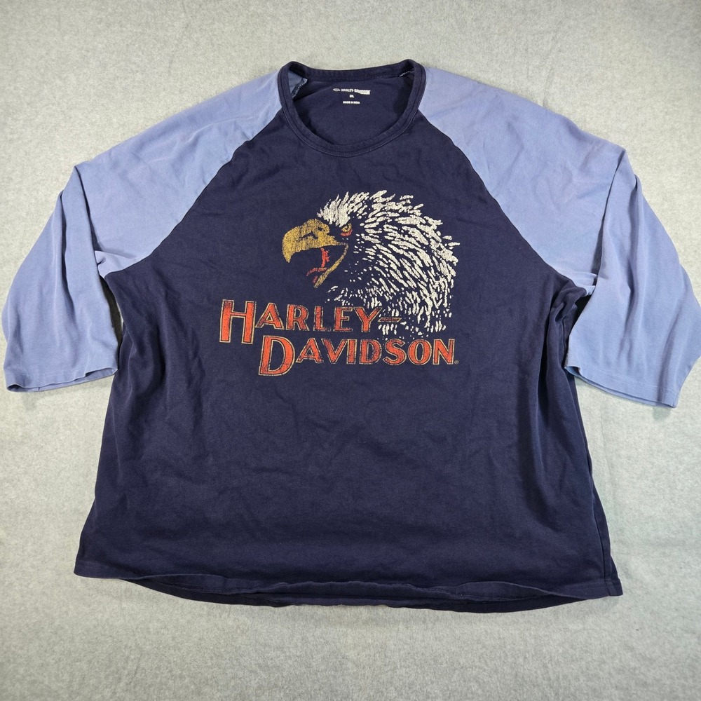 Harley-Davidson Mens 3XL Navy Blue Raglan 3/4 Sleeve Eagle Graphic T-Shirt